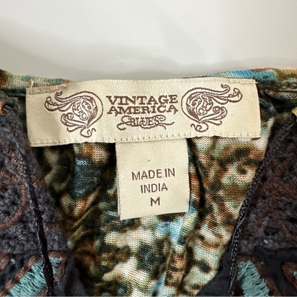 Vintage American Stretch Boho Embroidered Yoke Top M - Picture 3 of 8
